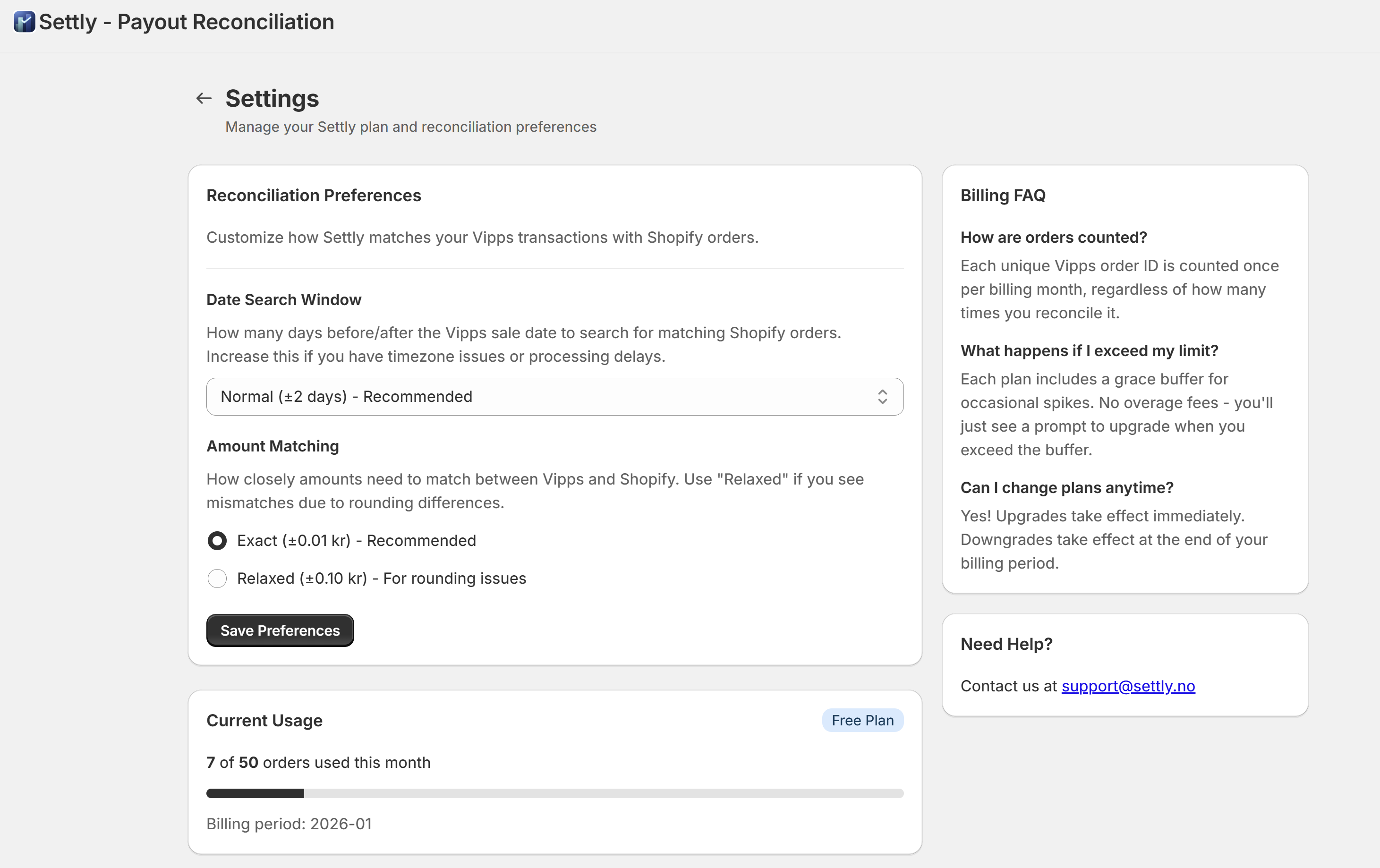 Settly Settings page